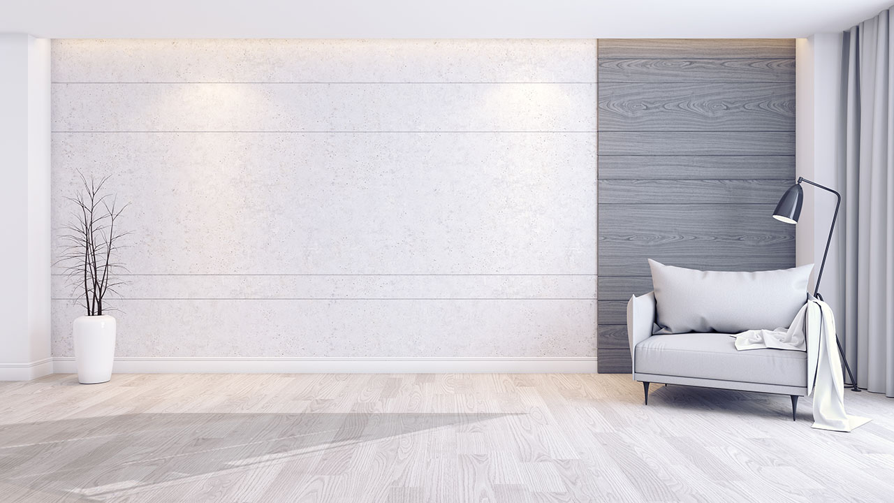 Modern and minimalist interior of living room interior,gray armchair  on wood floor and concrete wall,3d render
